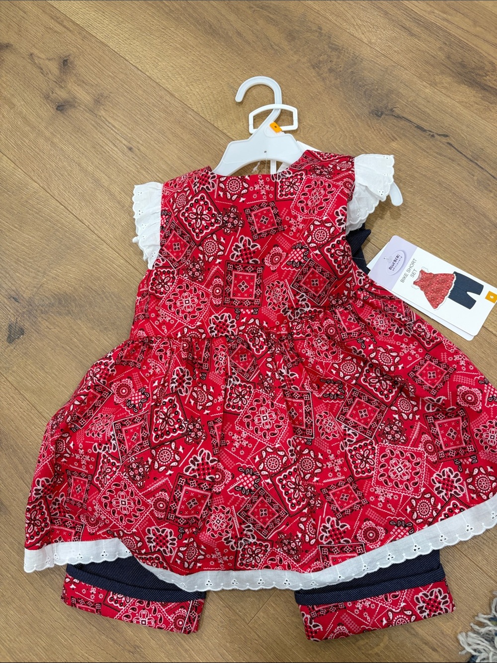 Blueberi Boulevard Red Bandana Print Bike Short Set with White Eyelet Trim